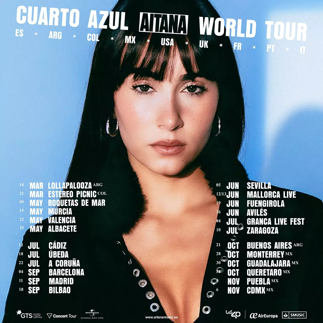 Cartel oficial con las fechas de la gira Aitana Cuarto Azul World Tour en España y México