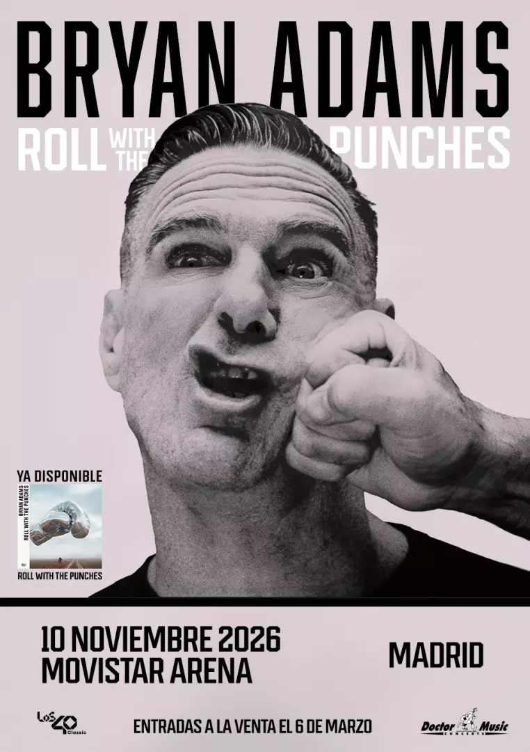 Bryan Adams regresa a Madrid el 10 de noviembre de 2026 con su nueva gira 'Roll with the Punches'. Consulta los horarios del concierto en el Movistar Arena.