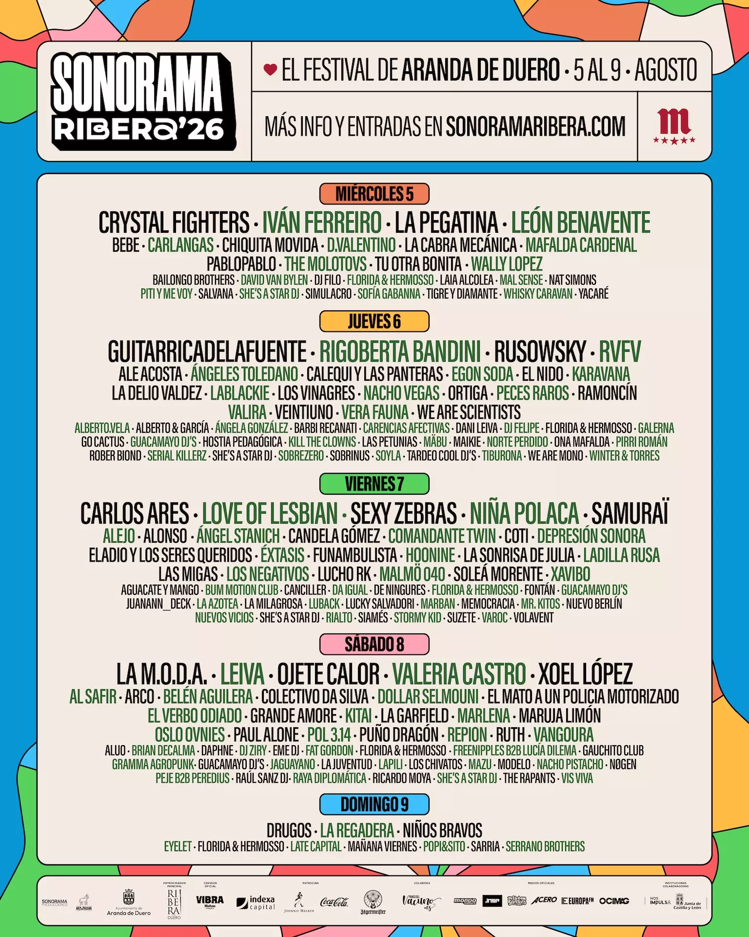 Cartel por días del Sonorama Ribera 2026 con la distribución de artistas.