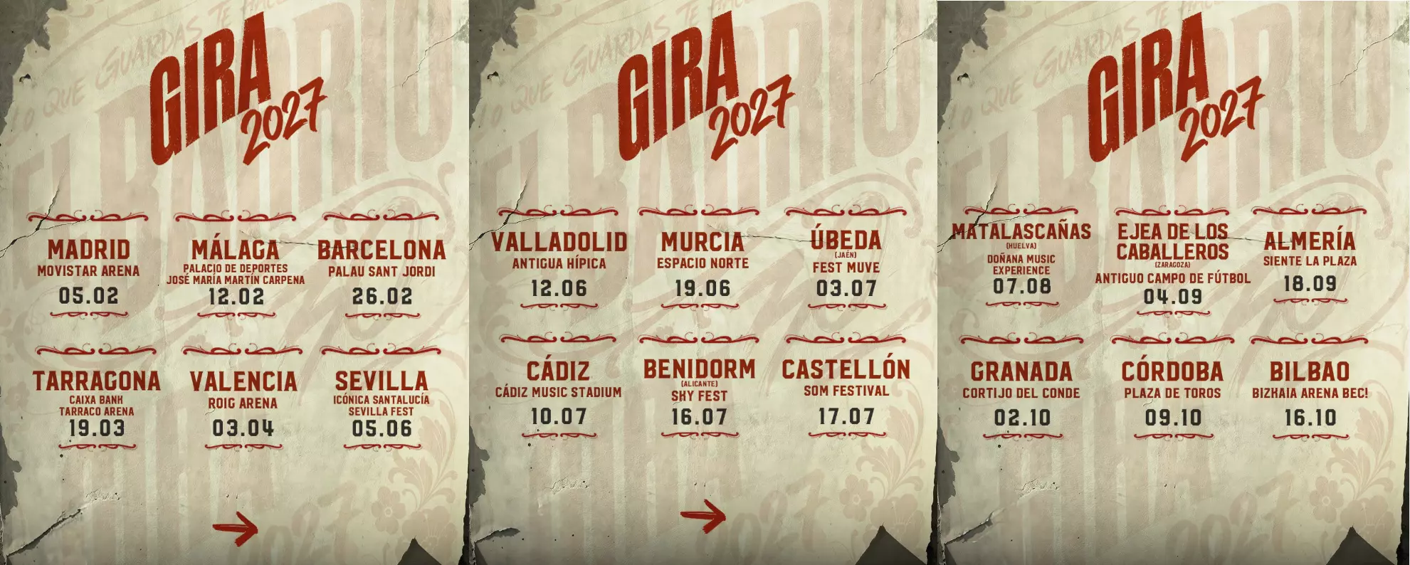 artel oficial de la Gira 30 de El Barrio para 2027 con todas las fechas, ciudades y recintos confirmados en España.