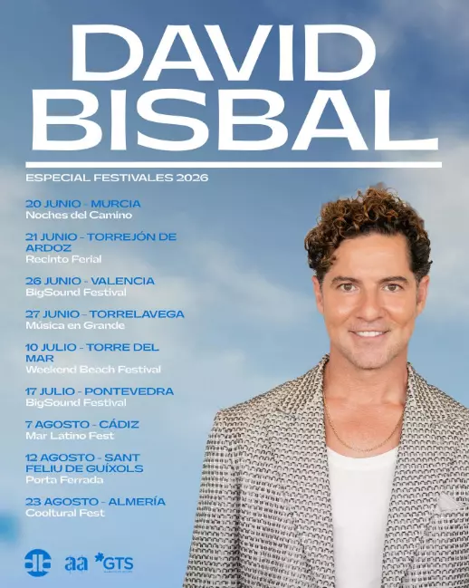 Cartel oficial de la gira Especial Festivales 2026 de David Bisbal con listado de fechas y ciudades en España.