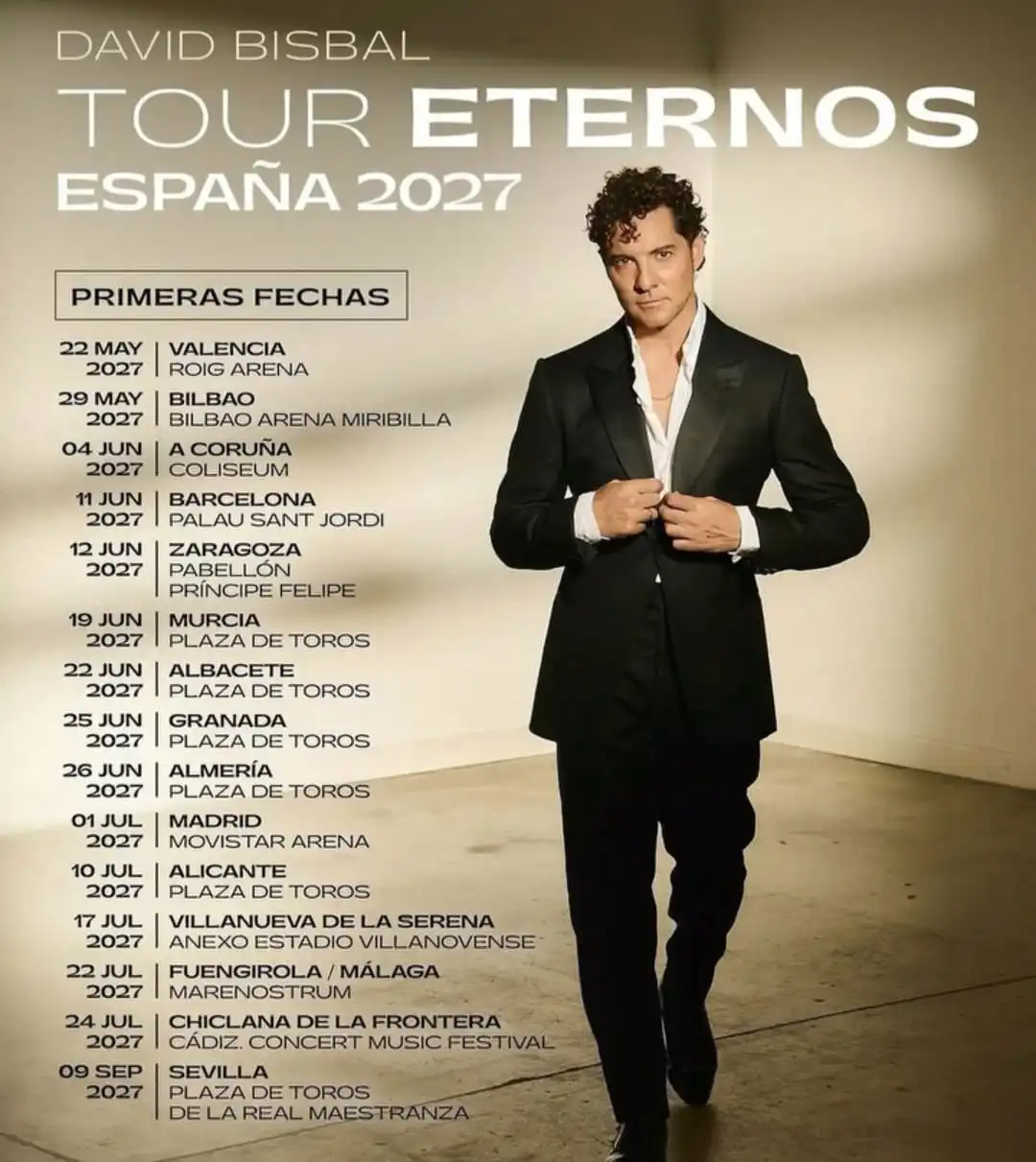 David Bisbal anuncia las primeras fechas en España de su 'Gira Tour Eternos 2027' para presentar su nuevo disco. Consulta aquí el calendario de conciertos.