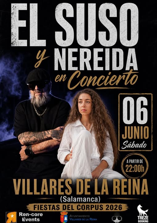 Cartel publicitario del concierto de El Suso y Nereida en Villares de la Reina, Salamanca, programado para el sábado 6 de junio de 2026 a las 22:00h dentro de las Fiestas del Corpus.