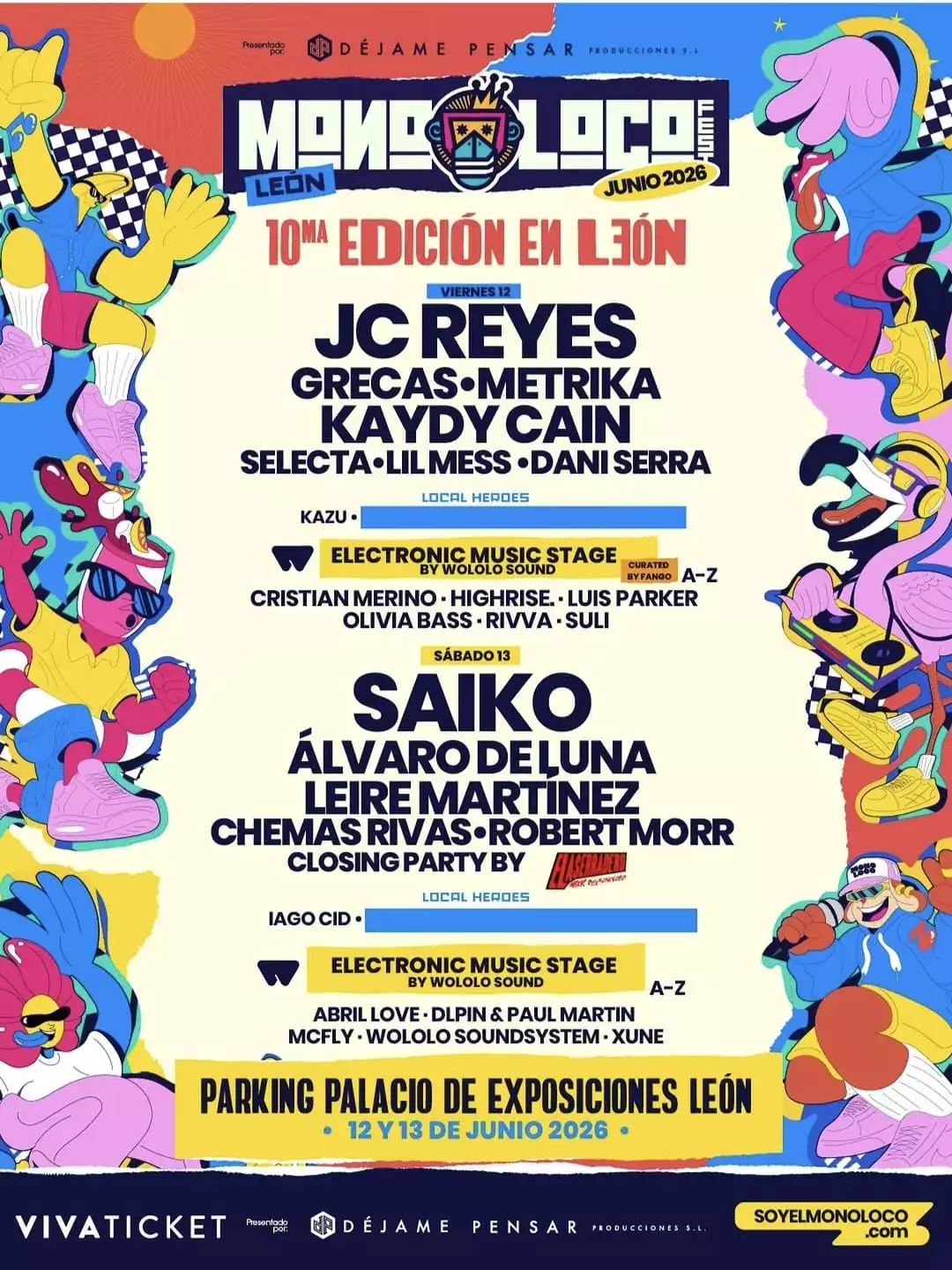 Cartel oficial por días del festival Monoloco León 2026 con Saiko, JC Reyes y Álvaro de Luna.
