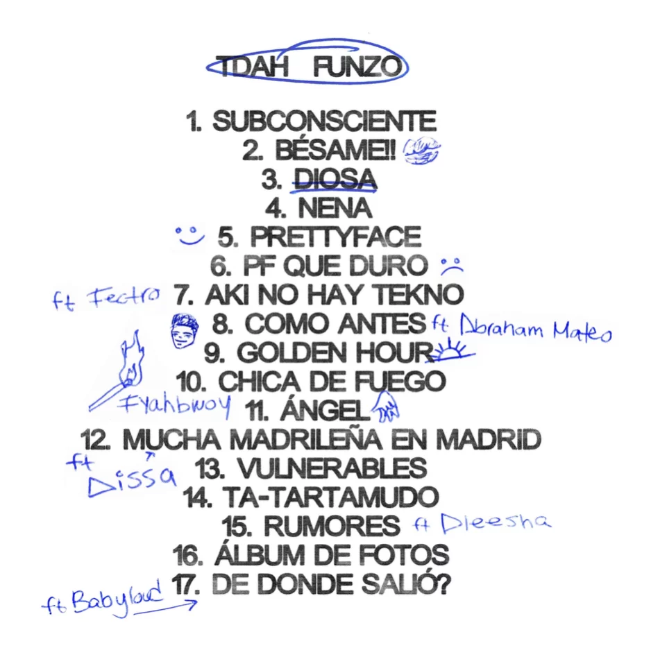 Tracklist oficial álbum TDAH de Funzo lista de 17 canciones