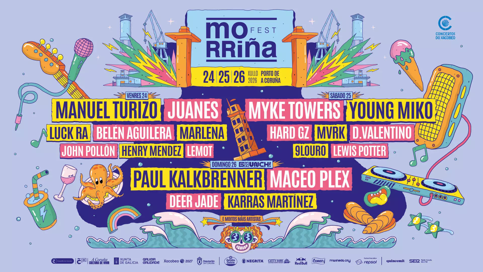 Cartel oficial por días del Morriña Festival 2026 en A Coruña con Juanes, Myke Towers y Paul Kalkbrenner