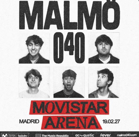 Toda la información sobre el concierto de Malmö 040 en Madrid 2027. Descubre los horarios del Movistar Arena, precio de las entradas y política de menores.