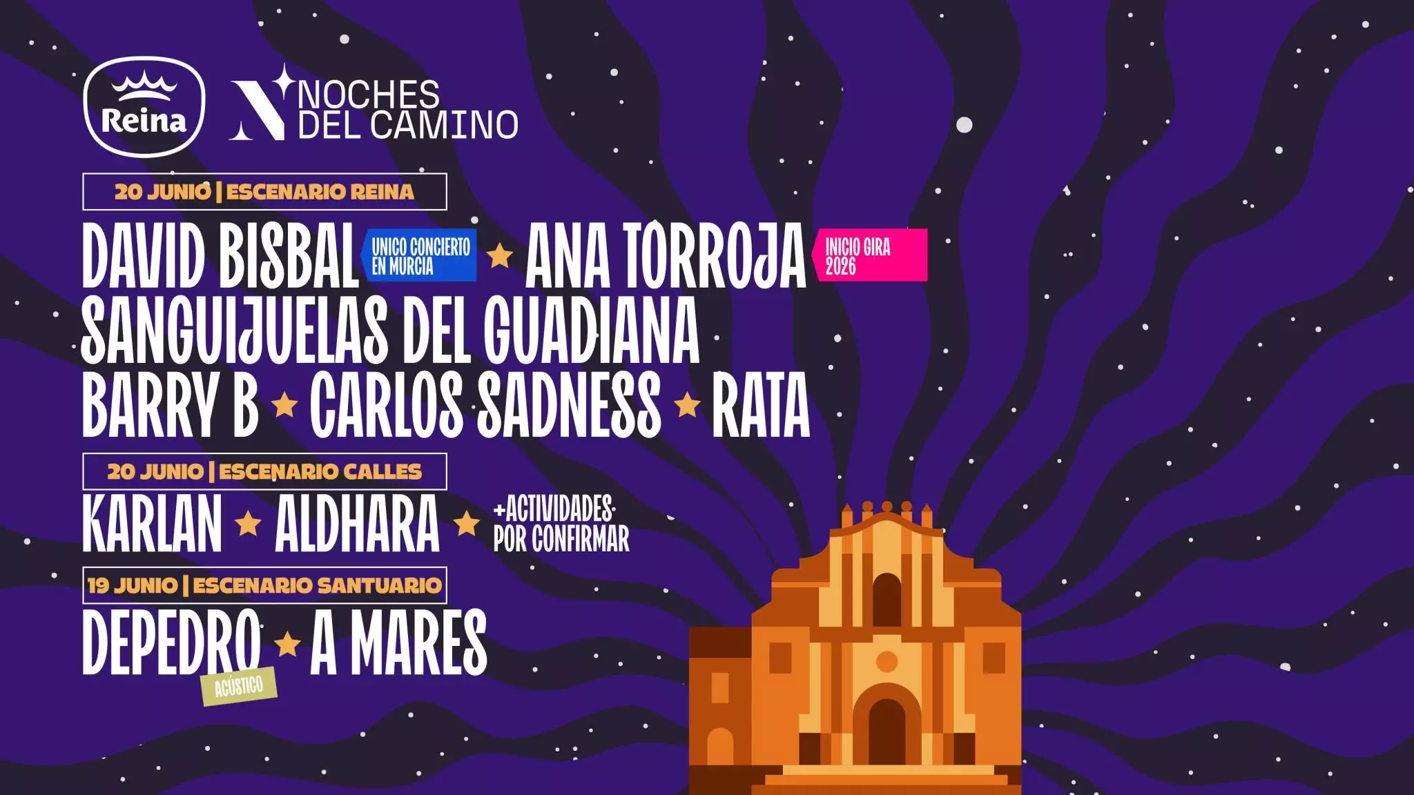 Cartel oficial del festival Noches del Camino 2026 en Caravaca de la Cruz con David Bisbal y Ana Torroja.