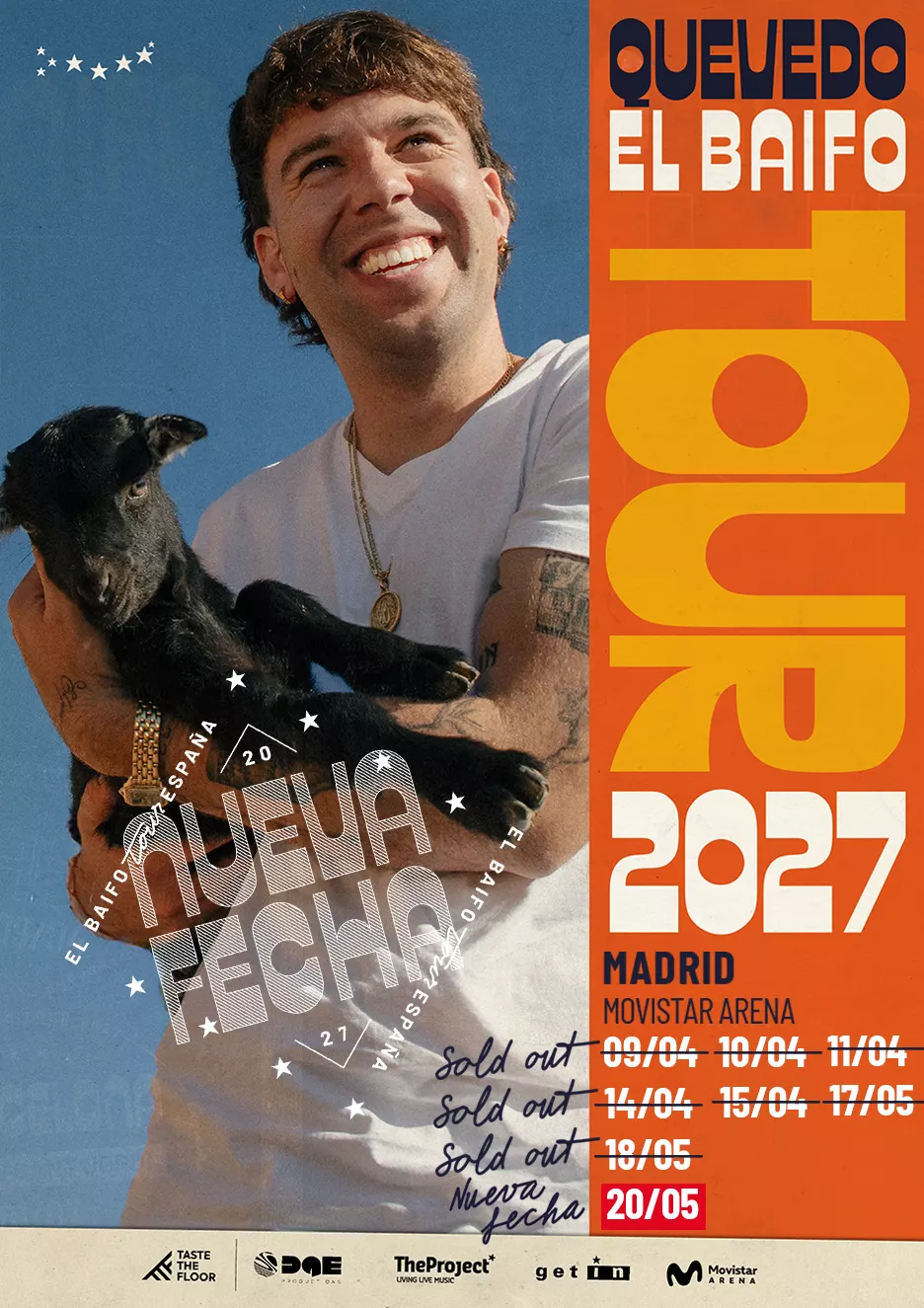 Quevedo en Madrid 2027. Consigue toda la información sobre los 8 conciertos ya agotados de Quevedo en el Movistar Arena dentro de su gira El Baifo Tour.