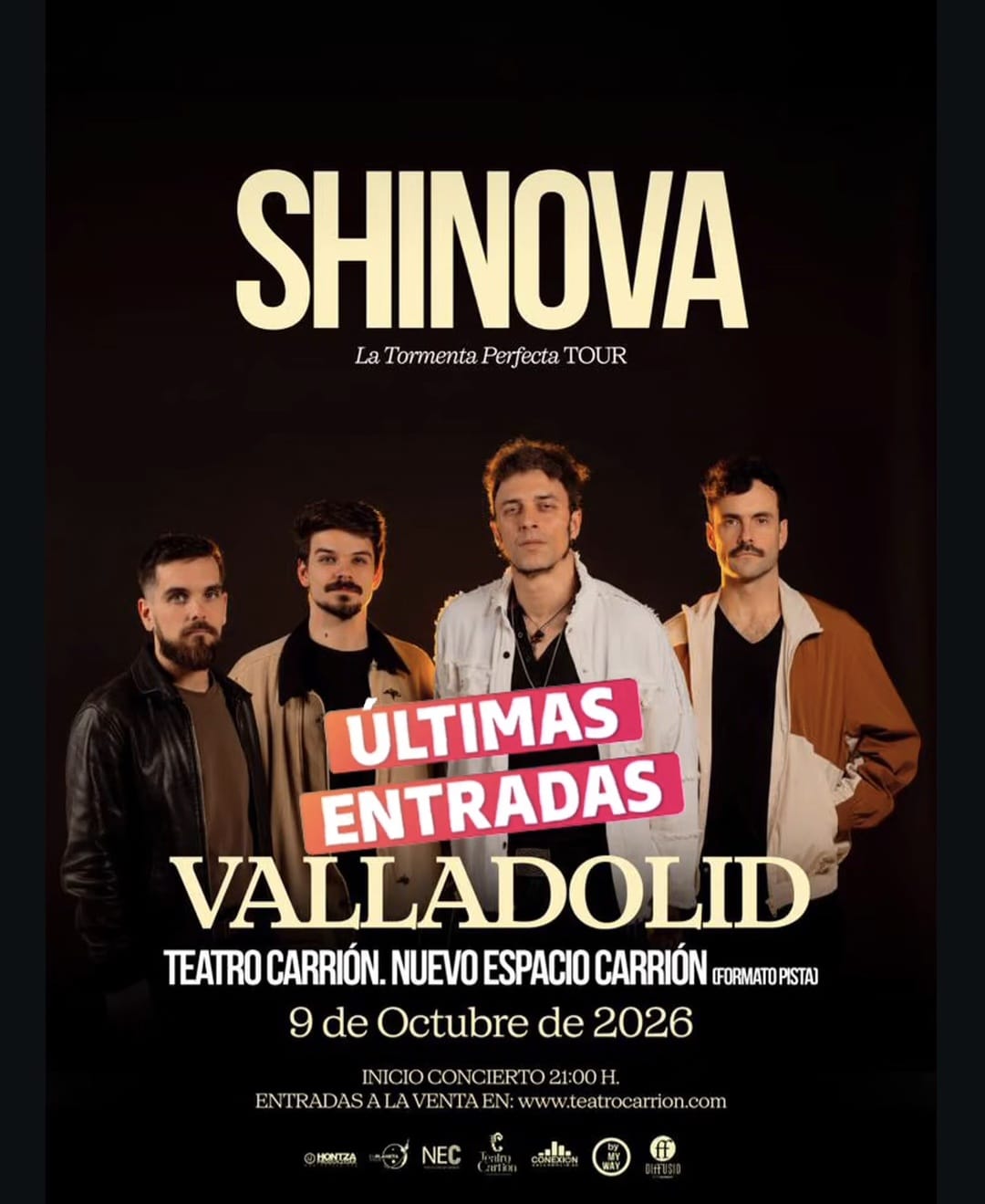 Compra tus entradas para el concierto de Shinova en Valladolid 2026. 'La Tormenta Perfecta Tour' llega al Teatro Carrión el viernes 9 de octubre. Información de precios y setlist.