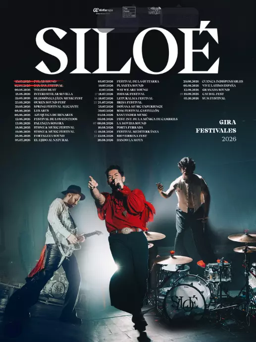 Cartel oficial de la gira de festivales 2026 de la banda Siloé, con el listado completo de fechas, ciudades y conciertos en España sobre una fotografía del grupo en directo.