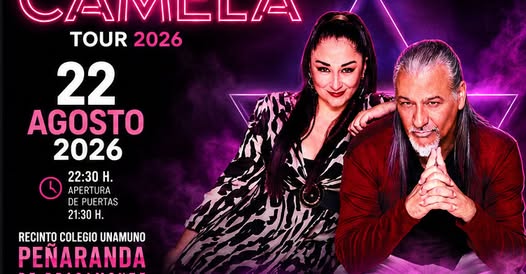 Cartel oficial del concierto Camela 2026 en Peñaranda de Bracamonte, con la foto de los dos componentes del grupo y los detalles de fecha, hora y lugar.