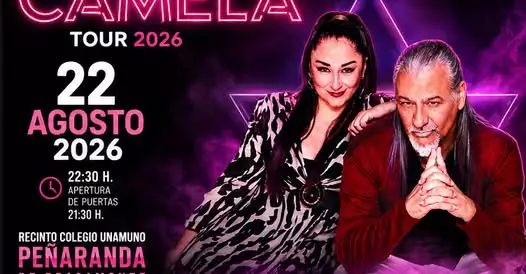 Cartel oficial del concierto Camela 2026 en Peñaranda de Bracamonte, con la foto de los dos componentes del grupo y los detalles de fecha, hora y lugar.