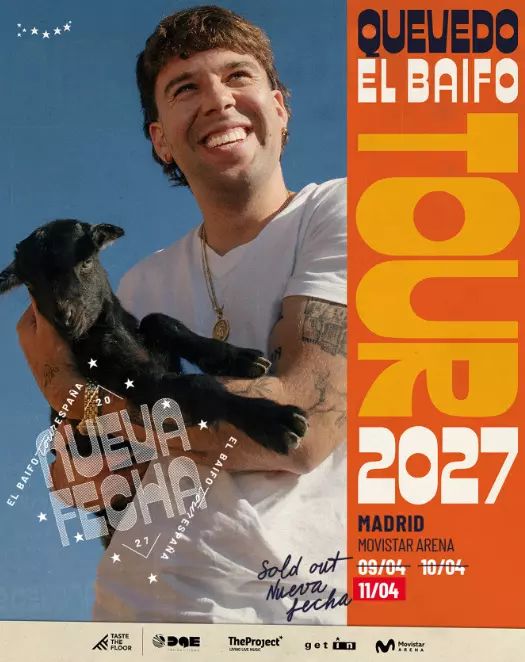 Cartel oficial de los conciertos Quevedo 2027 para su gira El Baifo Tour en Madrid y Barcelona.