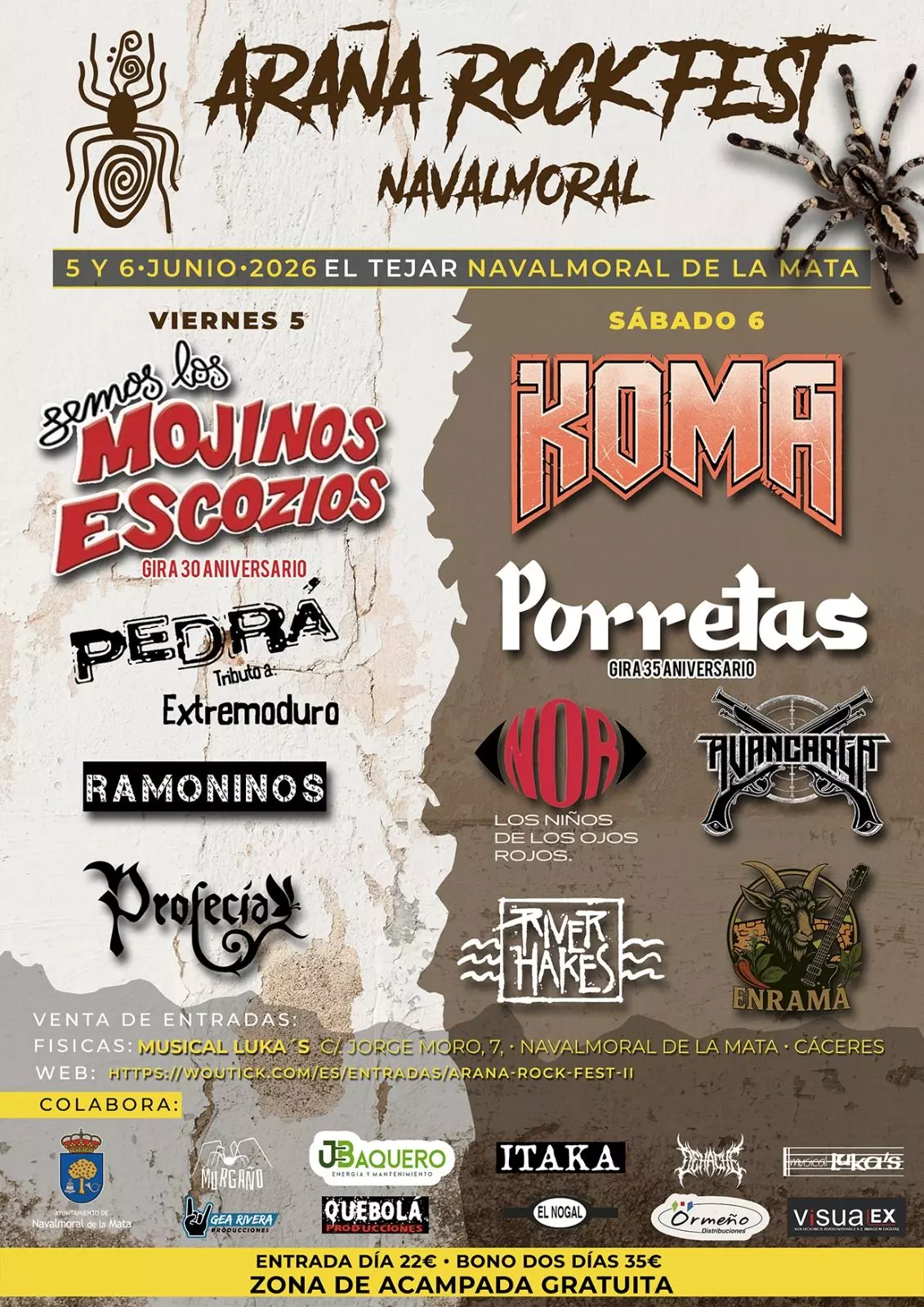 Cartel oficial Araña Rock Fest 2026 en Navalmoral de la Mata con Koma, Mojinos Escozíos y Porretas