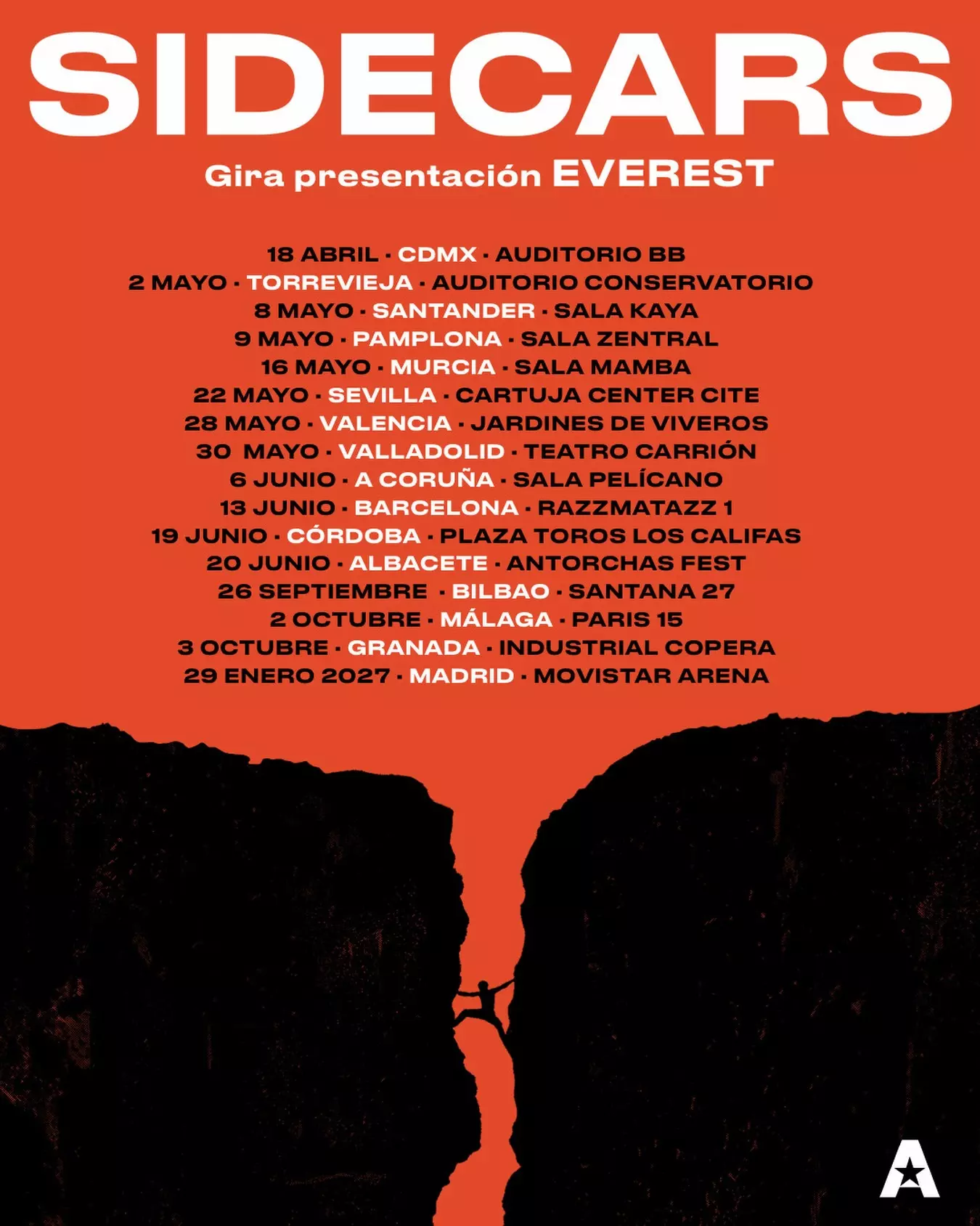 Cartel oficial de la gira de presentación del disco Everest de Sidecars con todas las fechas y ciudades de los conciertos.