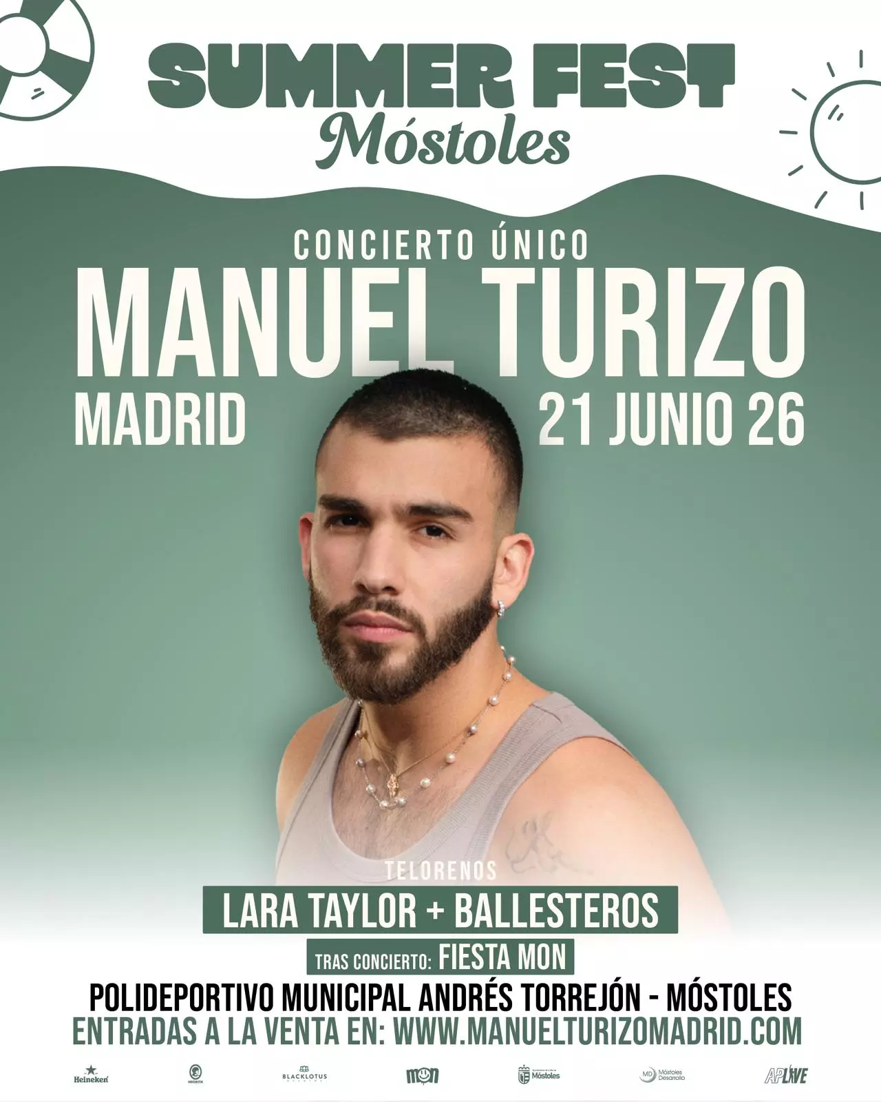Cartel oficial del concierto de Manuel Turizo en el Summer Fest Móstoles 2026, con Lara Taylor y DJ Ballesteros en Madrid.