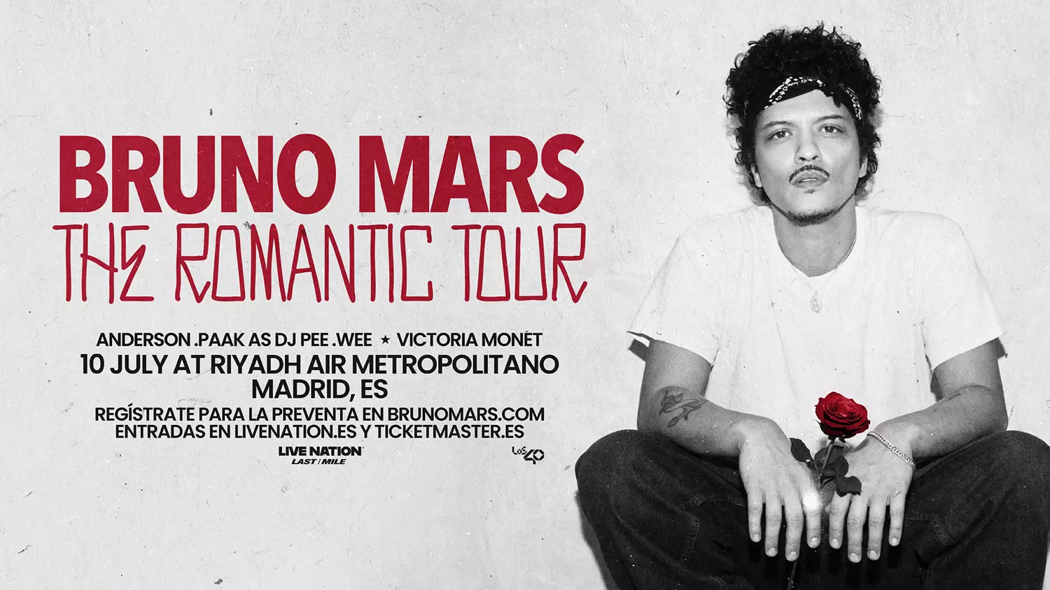 Cartel oficial del concierto de Bruno Mars España 2026 en Madrid para su gira The Romantic Tour.