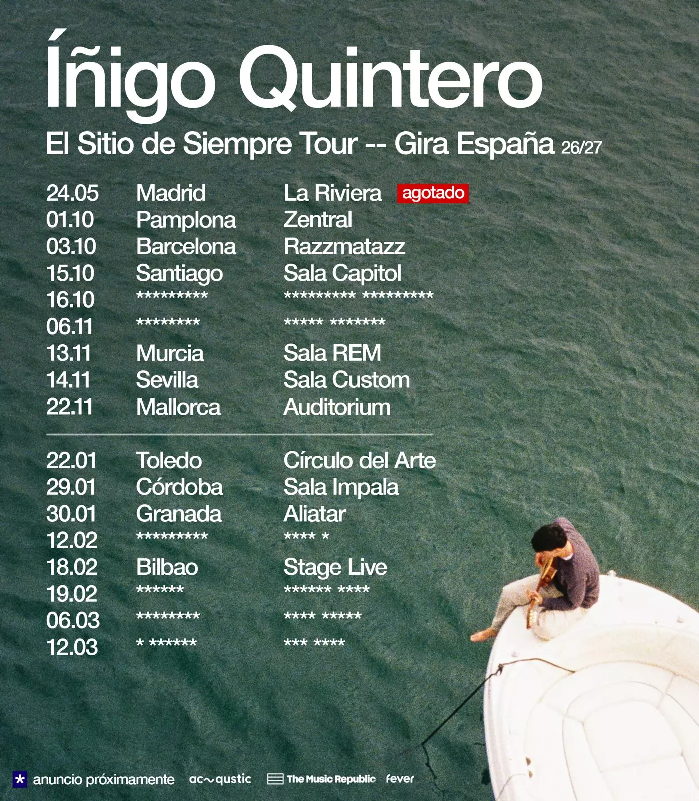 Cartel oficial de la gira "El Sitio de Siempre Tour" de Íñigo Quintero por España, con listado de ciudades, fechas y recintos para 2026 y 2027