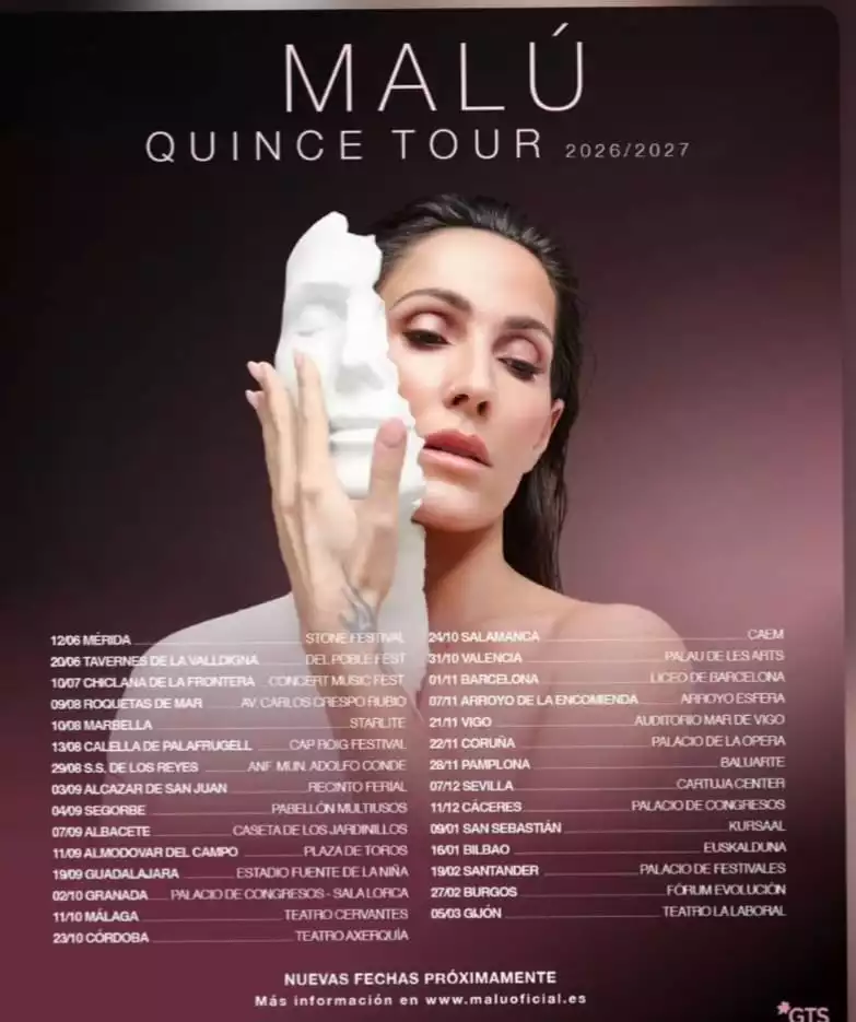 Cartel oficial con las fechas y ciudades del QUINCE Tour, la nueva gira de Malú 2026 2027.