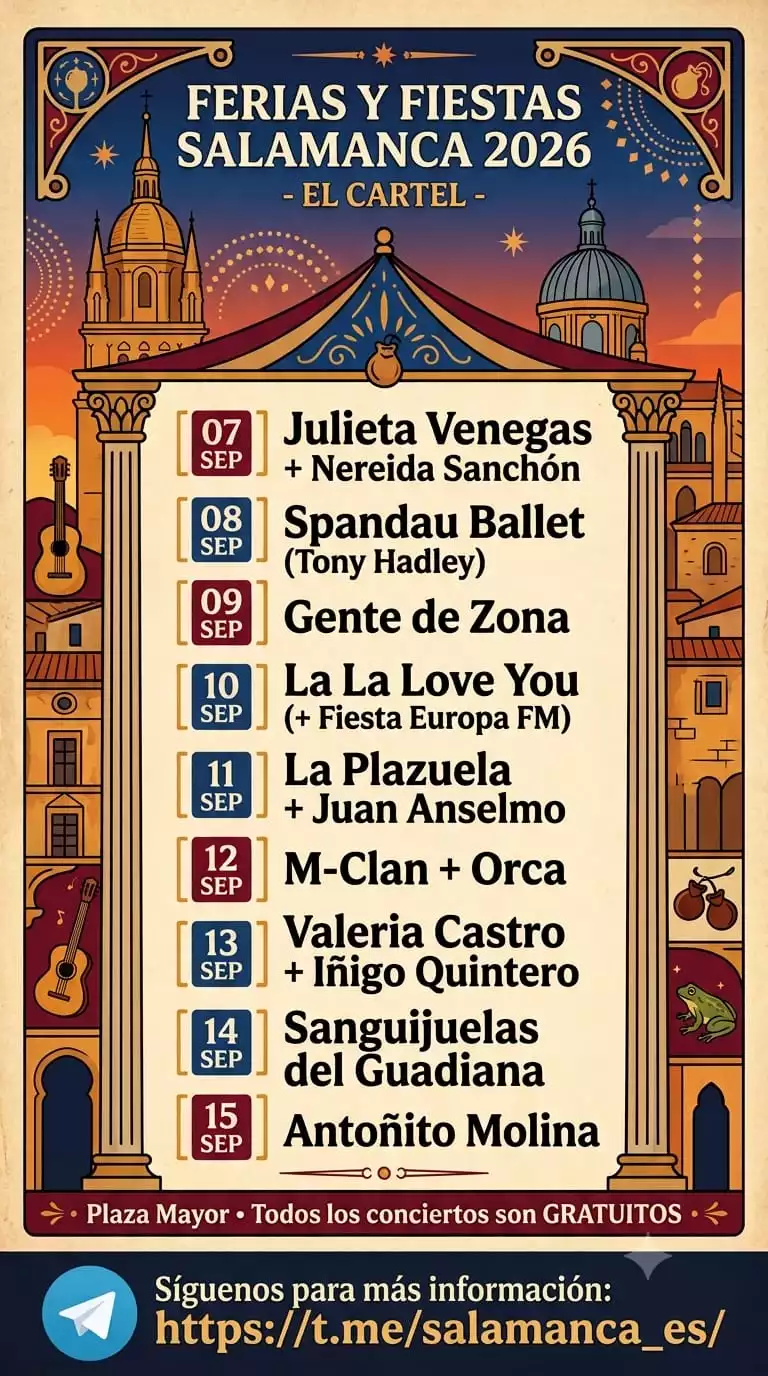 Cartel oficial con la programación y artistas de los conciertos de las Ferias de Salamanca 2026 en la Plaza Mayor.