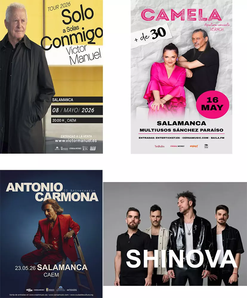 Cartel promocional de los conciertos en Salamanca mayo 2026 con Víctor Manuel, Camela, Antonio Carmona y Shinova