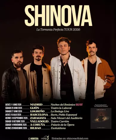 Cartel oficial de la gira La Tormenta Perfecta Tour 2026 de Shinova con fechas de conciertos en España.