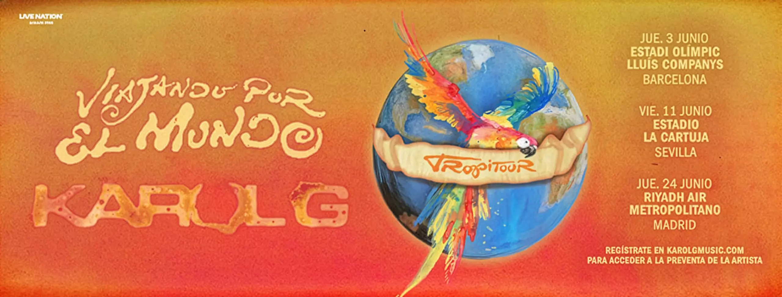 Cartel oficial de la gira de Karol G Viajando por el Mundo Tropitour 2027 en España.