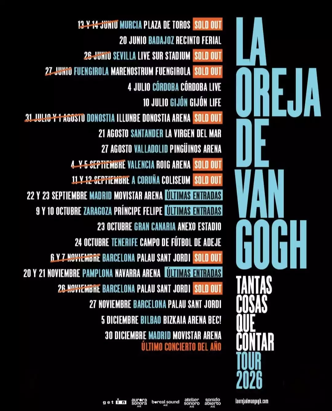 Cartel oficial actualizado con las nuevas fechas y recintos de la gira de la oreja de van gogh 2026 Tantas cosas que contar Tour.