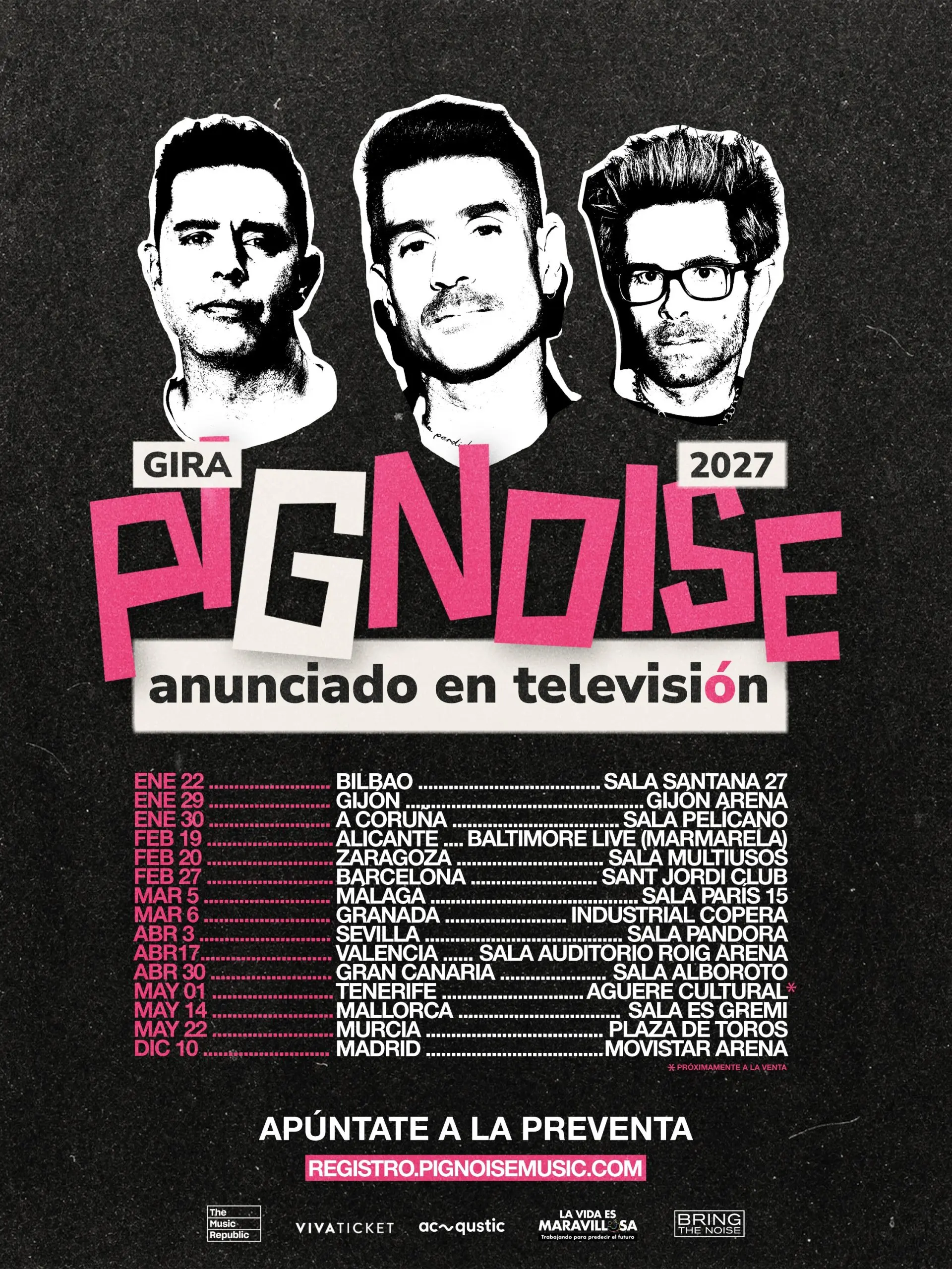 ¡Vuelve el pop punk de los 2000! Descubre todas las fechas, ciudades y recintos de la espectacular Gira Pignoise 2027 'Anunciado en Televisión'. ¡Consigue tus entradas!