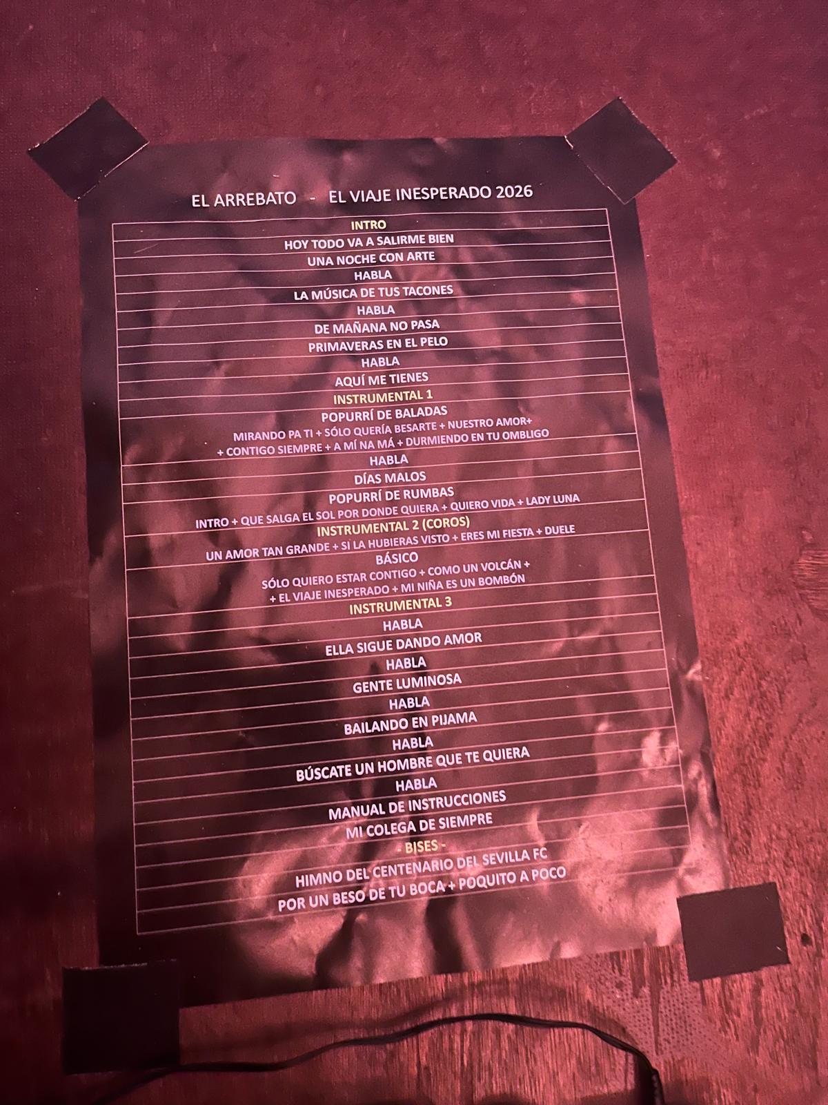 Imagen del setlist oficial del concierto de El Arrebato en Salamanca durante las fiestas de San Juan de Sahagún.